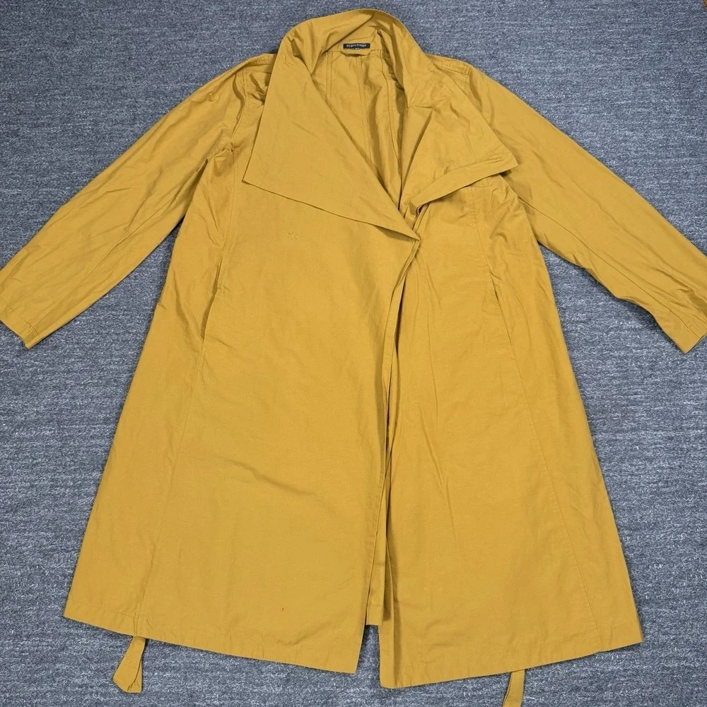 Eileen Fisher Cascade Collar Trench Coat Women Large Gold Tie Waist Nylon Cotton